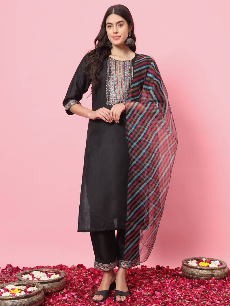 black fancy blended cotton kurta set