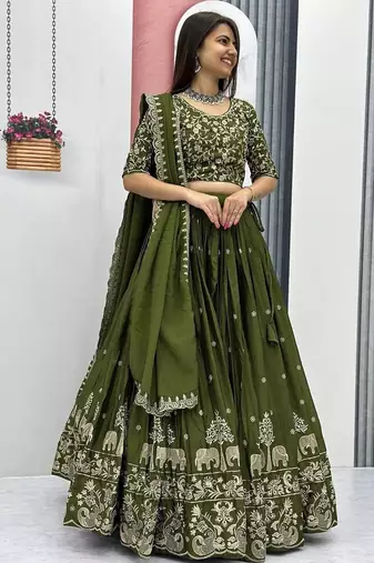 Green Designer Lehenga Choli with Heavy Embroidery Dupatta Set