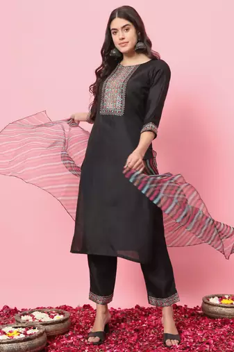 black fancy blended cotton kurta set