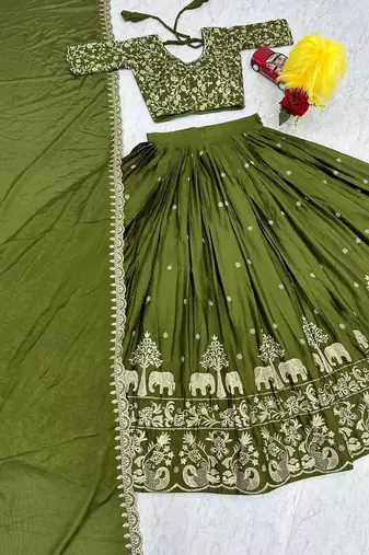 Green Designer Lehenga Choli with Heavy Embroidery Dupatta Set