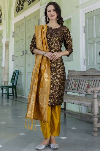 brown fancy cotton kurta set
