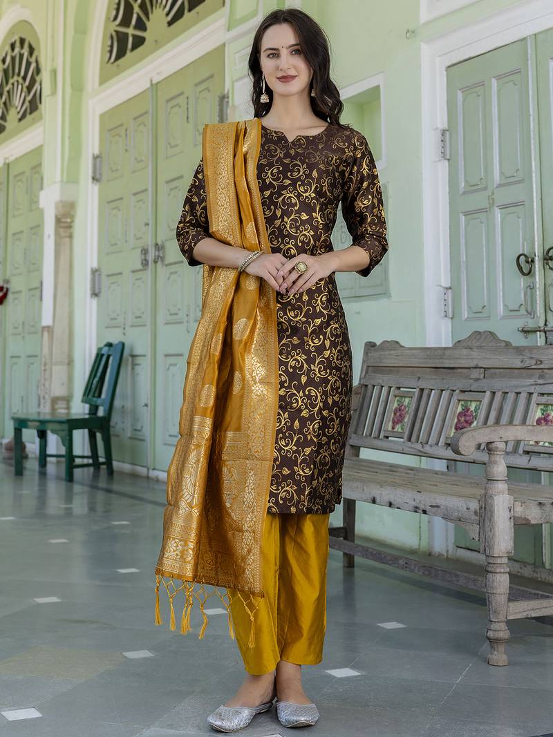 brown fancy cotton kurta set