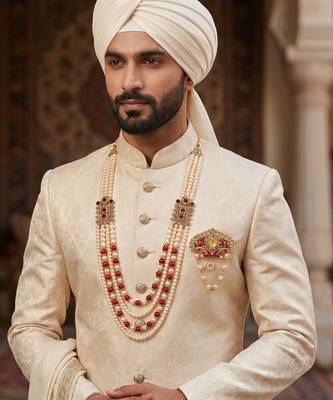   groom sherwani necklace moti mala layered for wedding | groom mala with brooch set 6