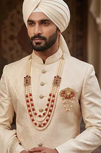  groom sherwani necklace moti mala layered for wedding | groom mala with brooch set