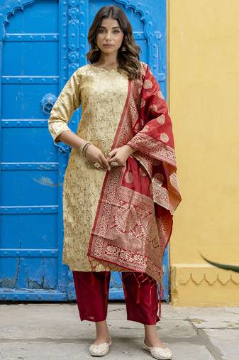 beige fancy cotton kurta set