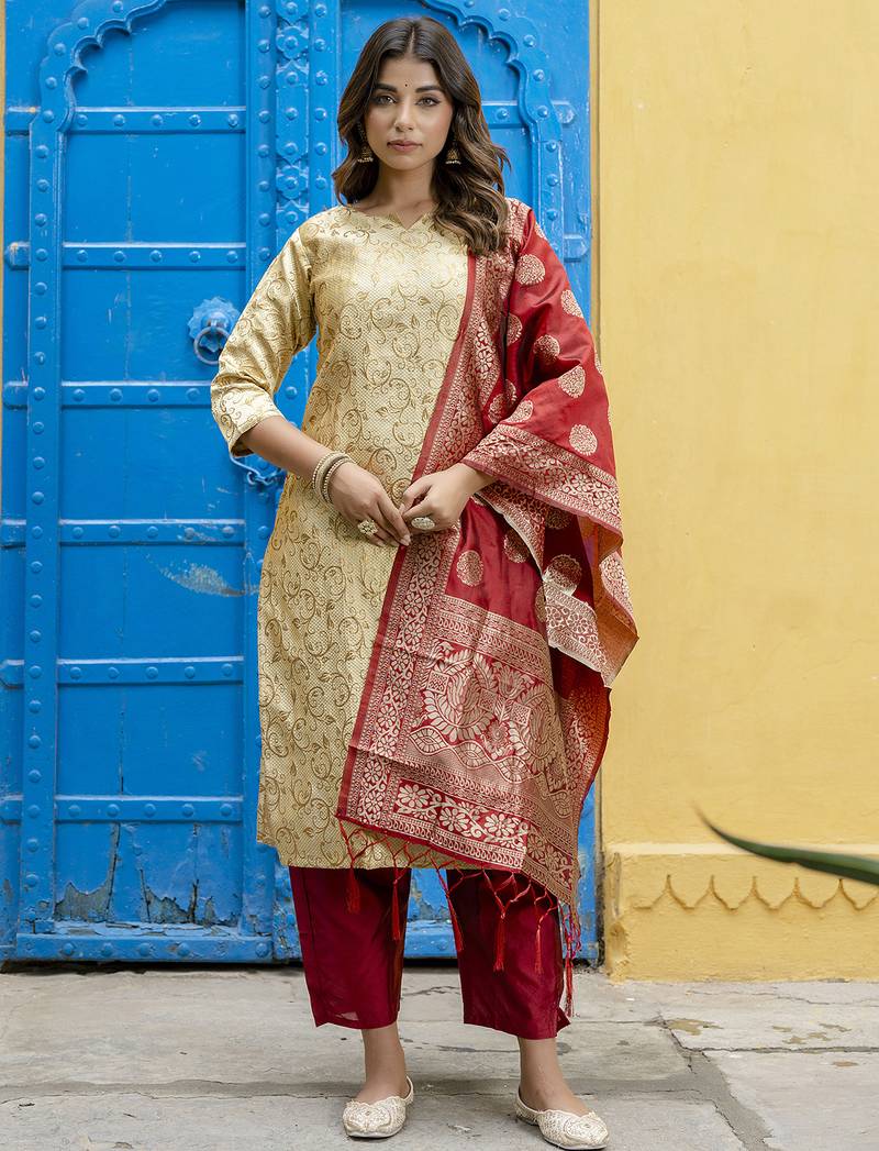beige fancy cotton kurta set