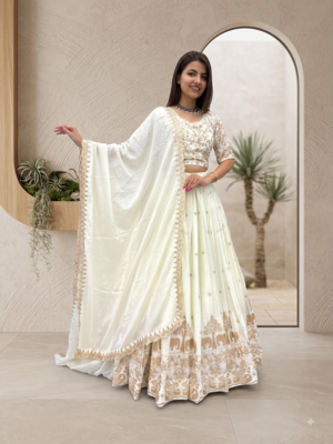Beige Colour Lehenga Choli with Heavy Embroidery Dupatta Set 1
