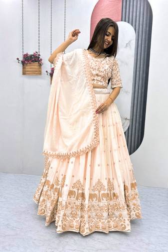 Beige Colour Designer Lehenga Choli with Heavy Embroidery Dupatta Set