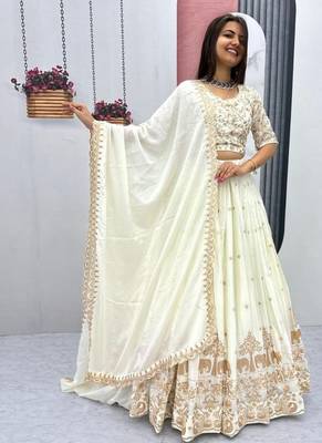 Off White Designer Lehenga Choli with Heavy Embroidery Dupatta Set 1
