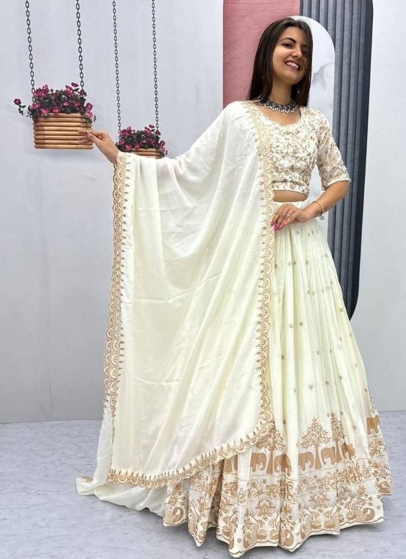 New Trendy Off White Designer Lehenga Choli with Heavy Embroidery Dupatta Set