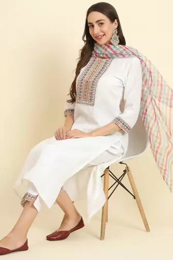 white fancy blended cotton kurta set
