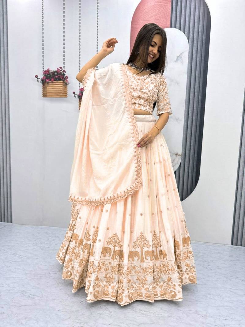 Beige Colour Designer Lehenga Choli with Heavy Embroidery Dupatta Set