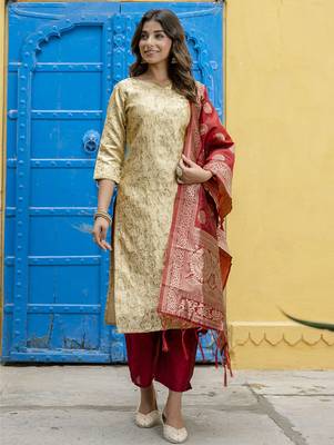 beige fancy cotton kurta set 2