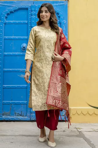 beige fancy cotton kurta set