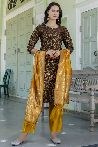 brown fancy cotton kurta set