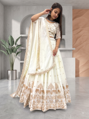 Beige Colour Lehenga Choli with Heavy Embroidery Dupatta Set 3