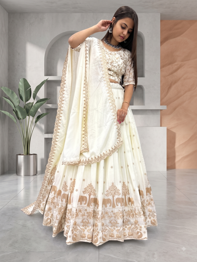 Beige Colour Lehenga Choli with Heavy Embroidery Dupatta Set