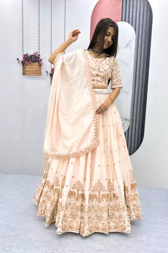 Beige Colour Designer Lehenga Choli with Heavy Embroidery Dupatta Set
