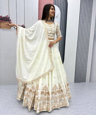Off White Designer Lehenga Choli with Heavy Embroidery Dupatta Set 3