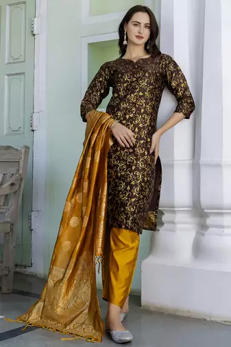 brown fancy cotton kurta set