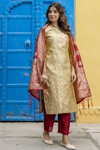 beige fancy cotton kurta set