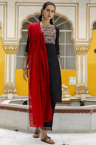 black fancy pure silk blend kurta set