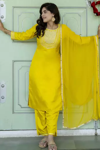 yellow fancy cotton silk kurta set