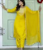 yellow fancy cotton silk kurta set