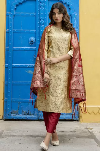 beige fancy cotton kurta set