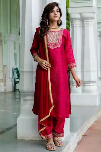 scarlet-red fancy cotton silk kurta set