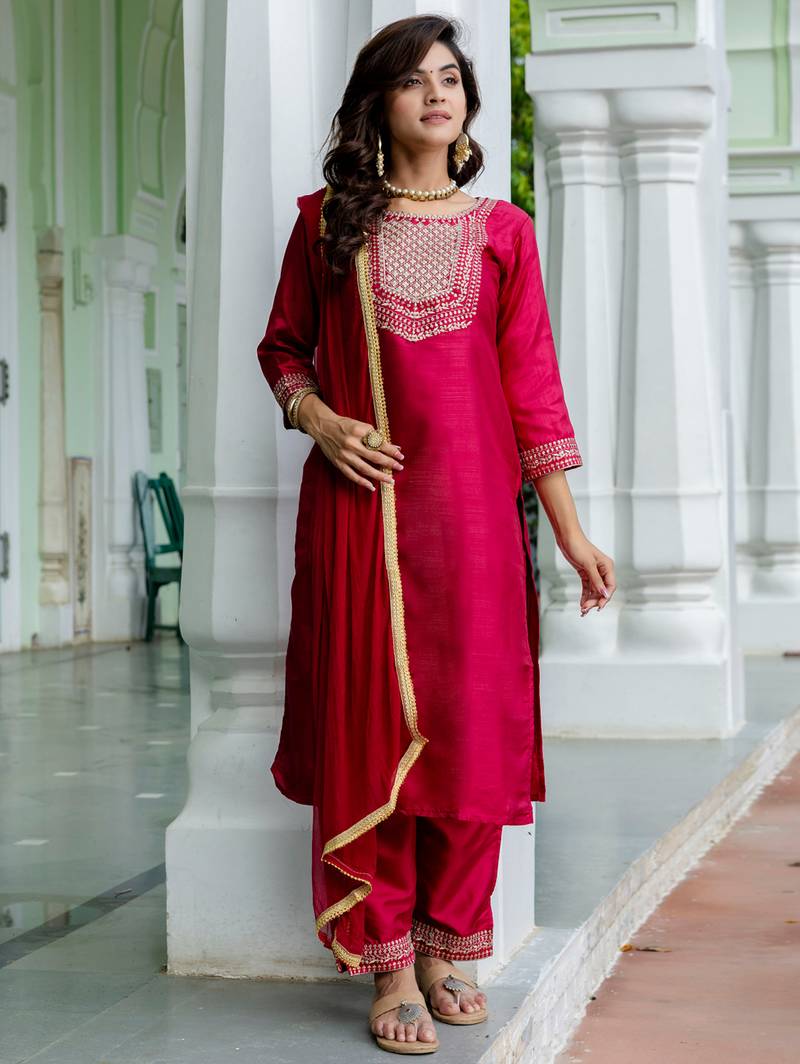 scarlet-red fancy cotton silk kurta set
