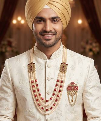   groom sherwani necklace moti mala layered for wedding | groom mala with brooch set 6