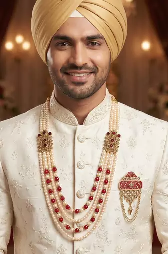   groom sherwani necklace moti mala layered for wedding | groom mala with brooch set