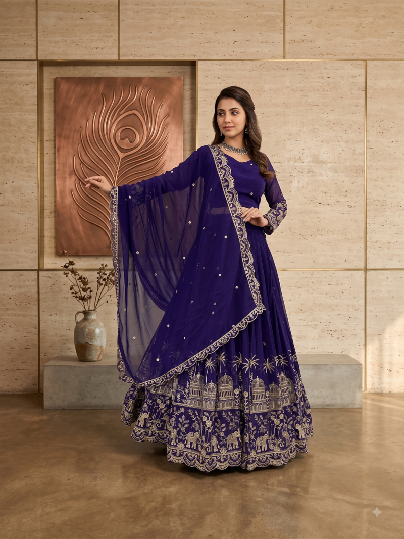 Womens Heavy Embroidered Wedding Festive Outfit Lehenga Choli Set