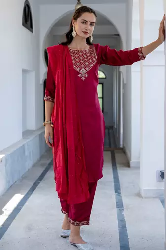 red fancy silk blend kurta set