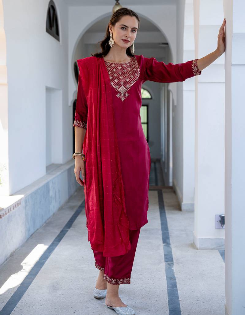 red fancy silk blend kurta set