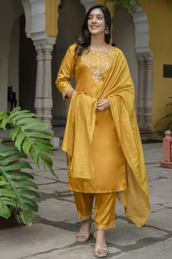 mustard fancy silk blend kurta set