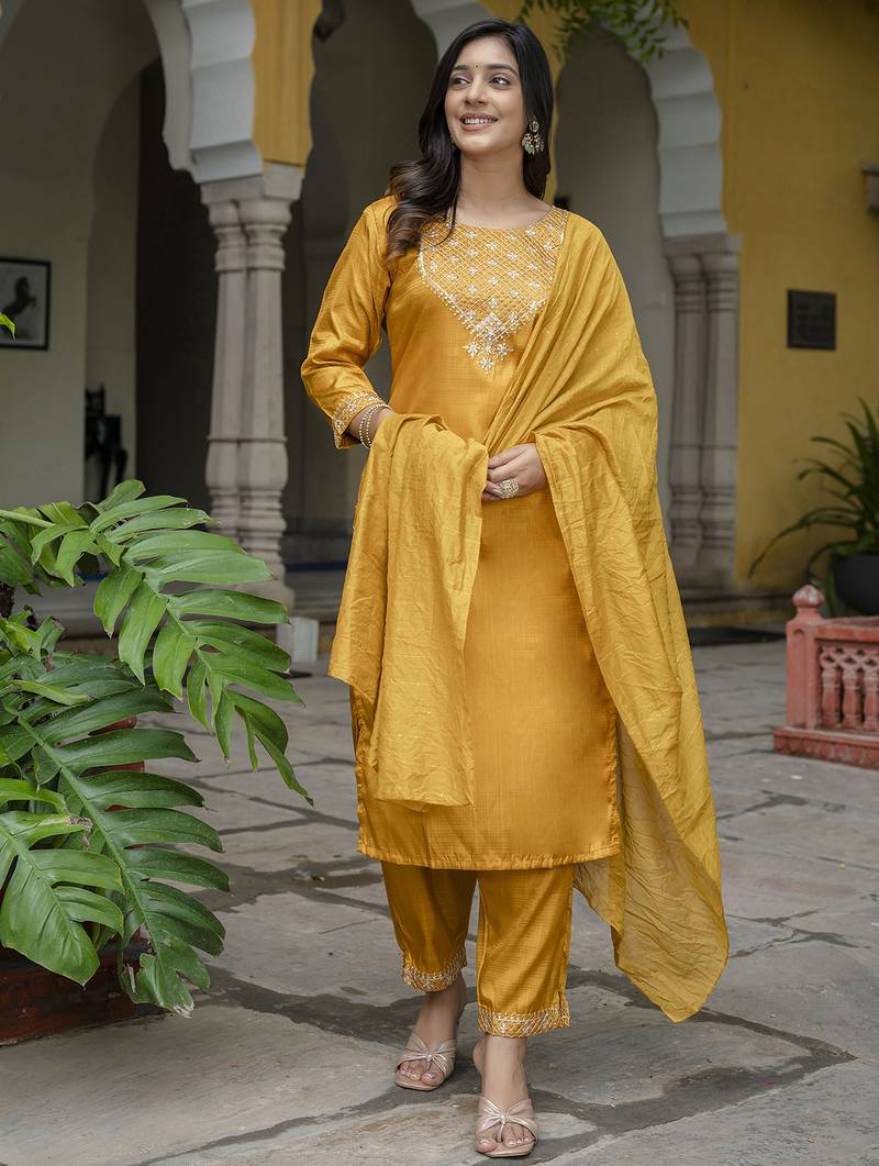 mustard fancy silk blend kurta set
