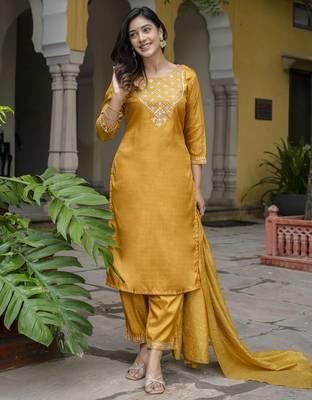 mustard fancy silk blend kurta set 2