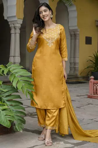 mustard fancy silk blend kurta set