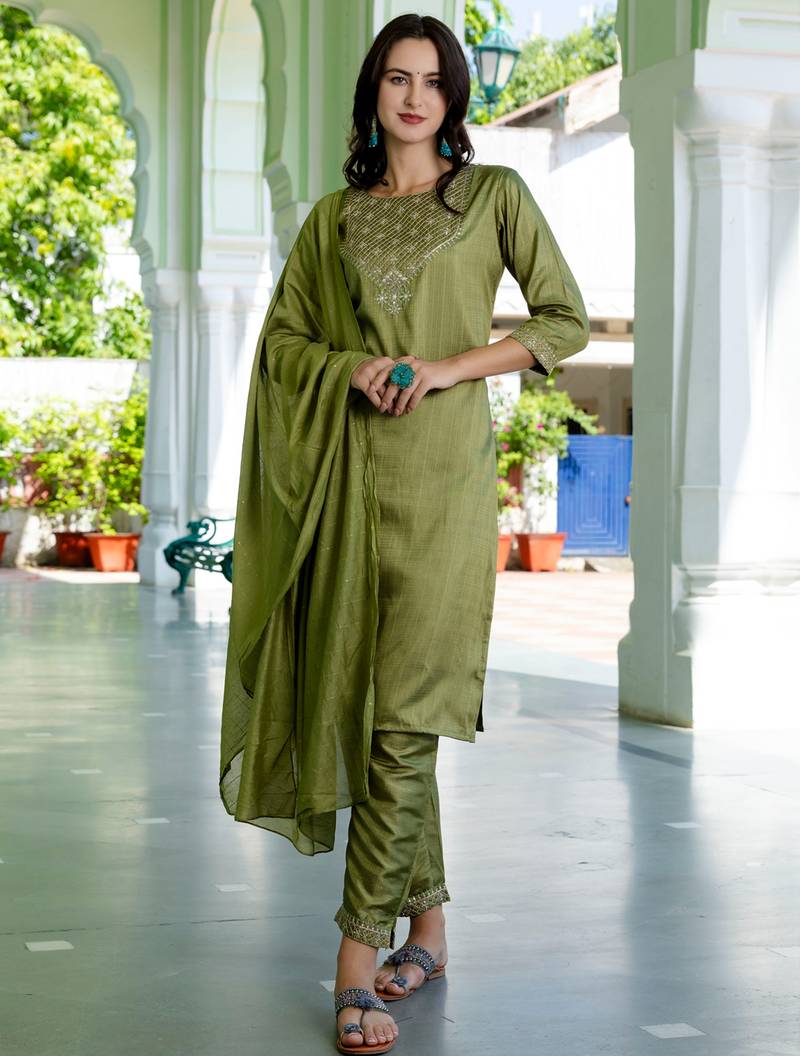 mehendi fancy silk blend kurta set