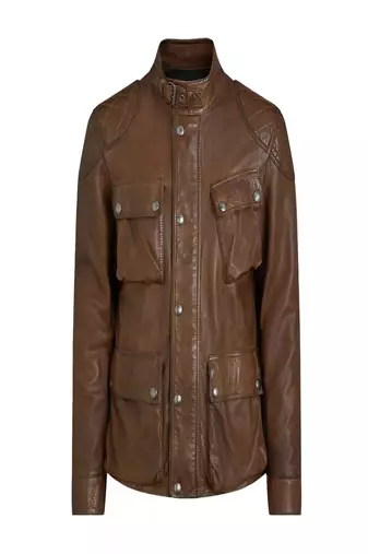 Men's brown lambskin leather jacket-4 envelope pocket & snap button biker style