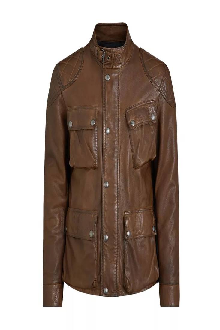 Men's brown lambskin leather jacket-4 envelope pocket & snap button biker style