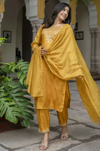 mustard fancy silk blend kurta set