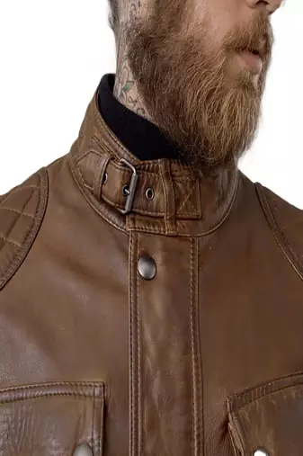 Men's brown lambskin leather jacket-4 envelope pocket & snap button biker style