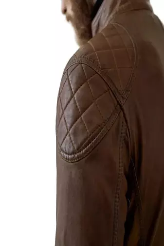 Men's brown lambskin leather jacket-4 envelope pocket & snap button biker style