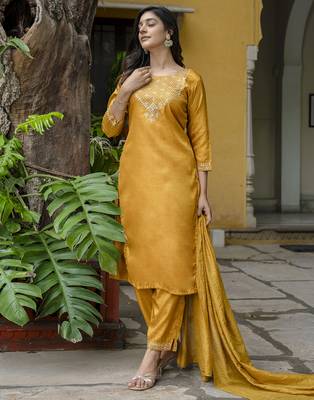 mustard fancy silk blend kurta set 4