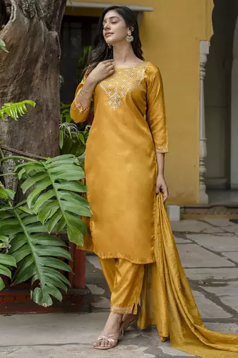 mustard fancy silk blend kurta set