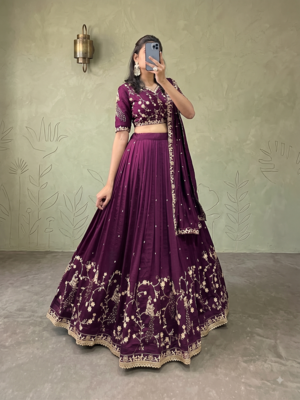 Womens Deep Purple Vichitra Silk Lehenga Choli with Intricate Peacock Embroidery 1