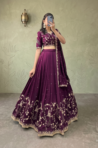 Womens Deep Purple Vichitra Silk Lehenga Choli with Intricate Peacock Embroidery